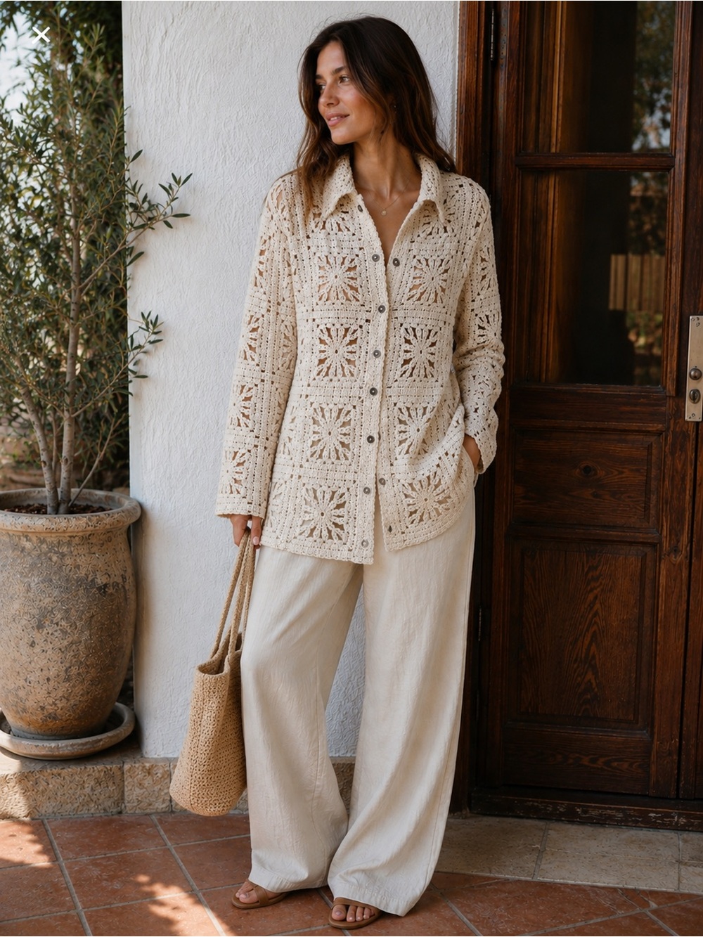 NWT POL Crochet Knit Button Front Cardigan Jacket One Size Boho Cream Open Weave